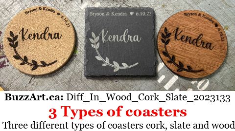 Three different types of coasters cork, slate and wood